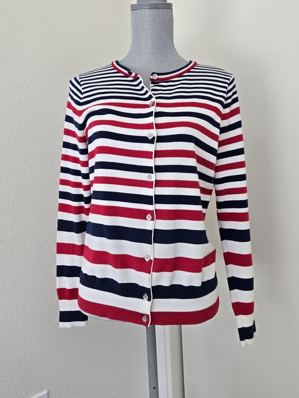 Lands' End Women's 6-8/ Small 100% Supima Cotton Red White Blue Stripe Cardigan - Picture 2 of 15